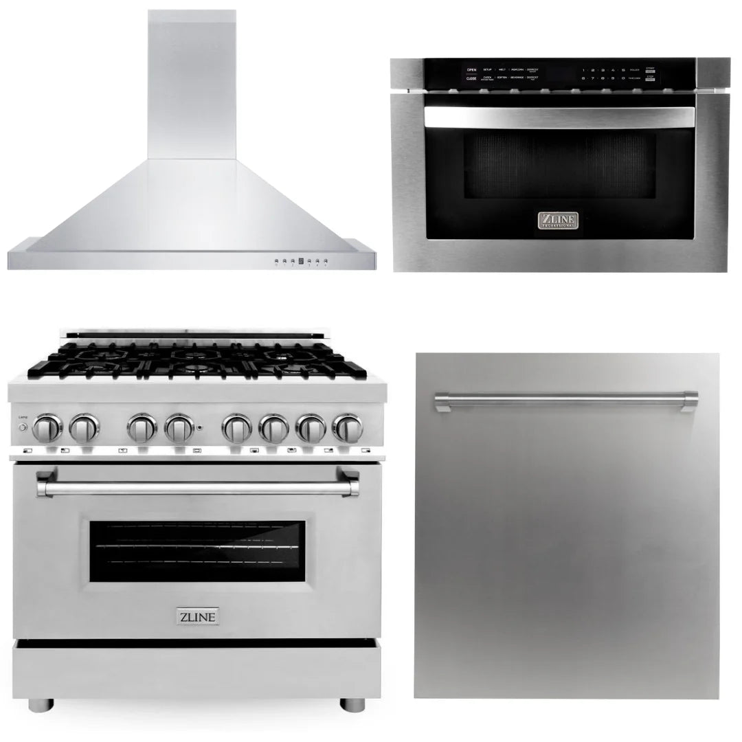 36 in. Dual Fuel Range, Range Hood, Microwave Drawer & Dishwasher N838