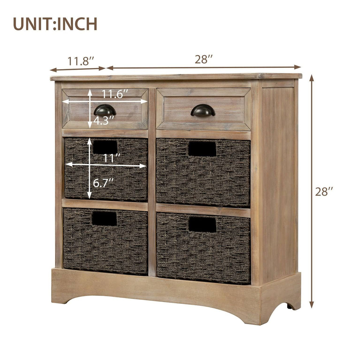 Rustic Storage Cabinet with 2 Drawers and 4 Fabric Basket J8062