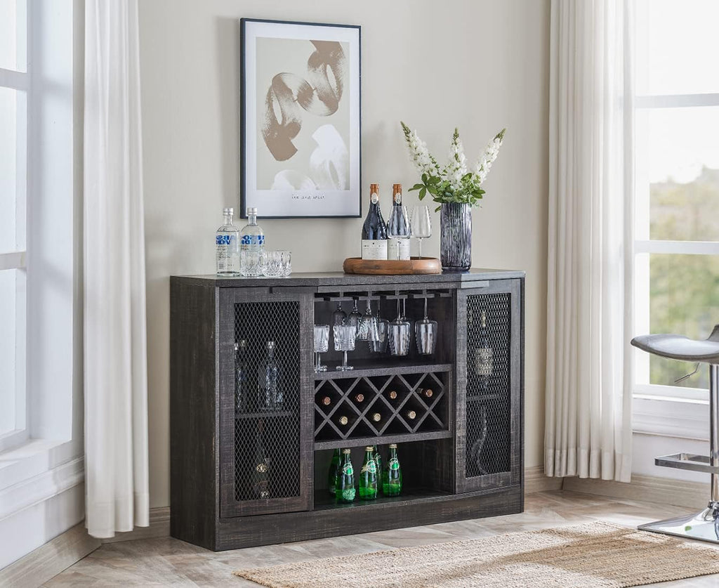 Charcoal Finish Bar Cabinet with Two Curved Glass Doors N34736