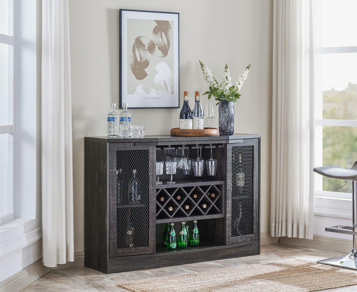 Charcoal Finish Bar Cabinet with Two Curved Glass Doors N34736