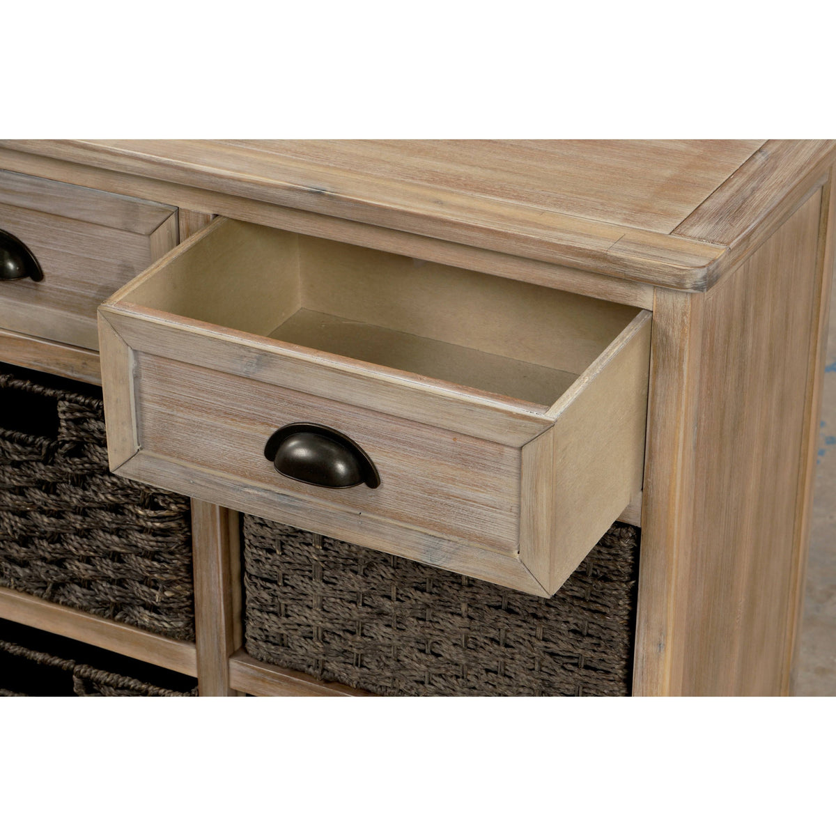 Rustic Storage Cabinet with 2 Drawers and 4 Fabric Basket J8062