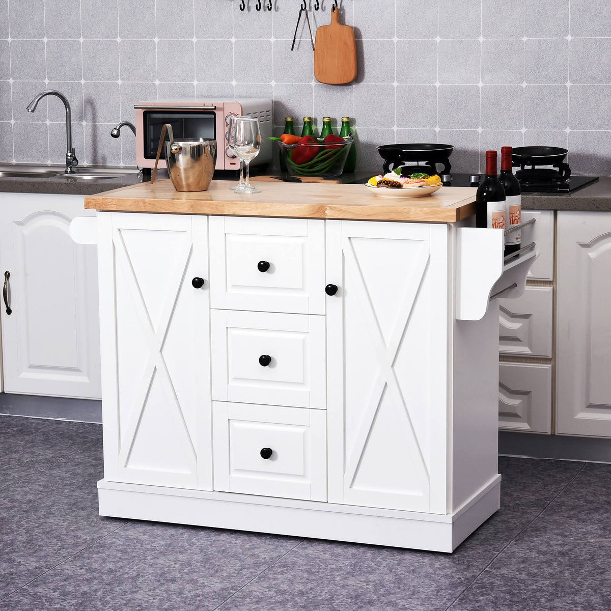 Portable Wooden Kitchen Island Cart with Drawers and Wheels White K64910