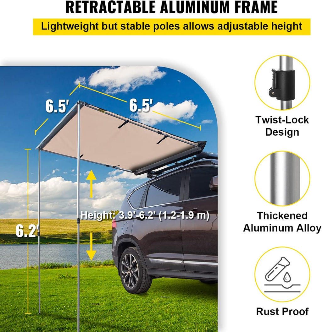 6.5'x6.5' Pull-Out Retractable Waterproof Car Side Awning with Carry Bag A1299