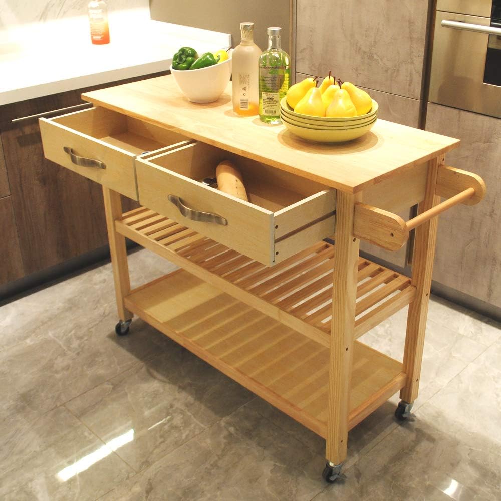 Rolling Wood Kitchen Cart with 2 Drawers and 2 Shelves O398