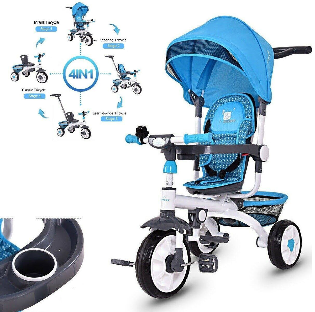 4-in-1 Detachable Baby Stroller Tricycle with Canopy N95827