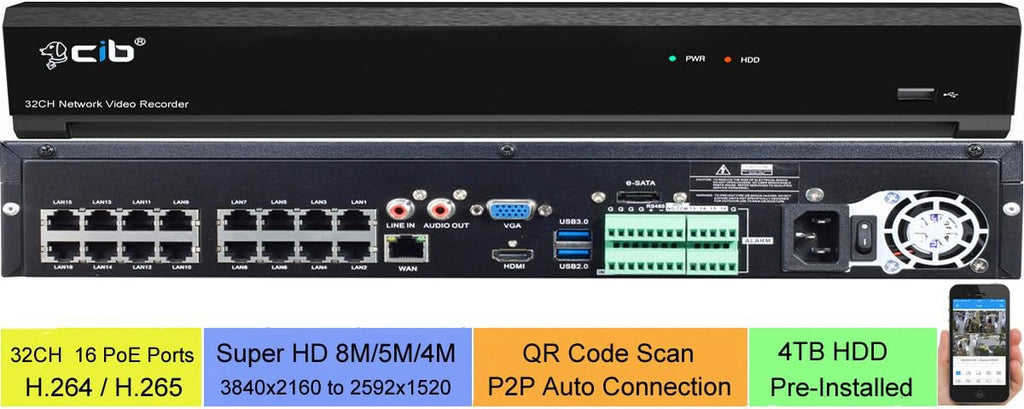 32CH NVR 8MP 5MP 4MP H.265 HDMI 4K Output with 8x5MP POE Bullet Cameras and 4TB HDD J1039