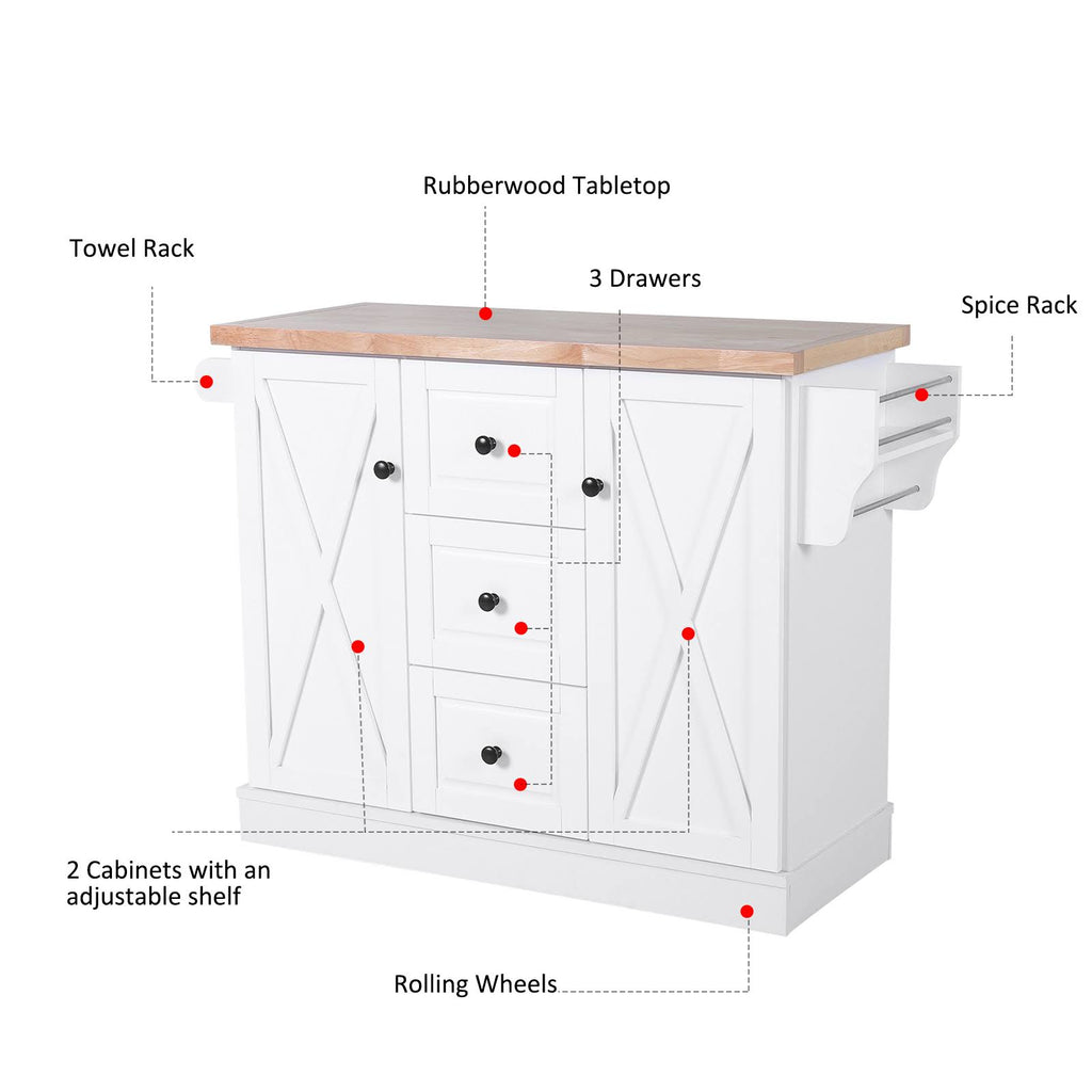 Portable Wooden Kitchen Island Cart with Drawers and Wheels White K64910