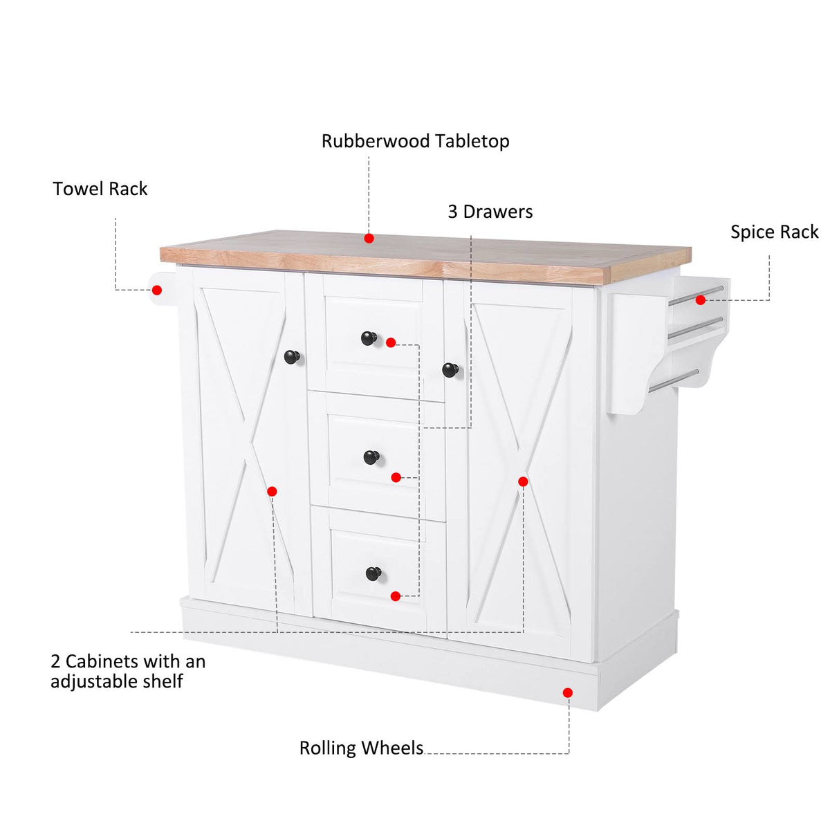 Portable Wooden Kitchen Island Cart with Drawers and Wheels White K64910
