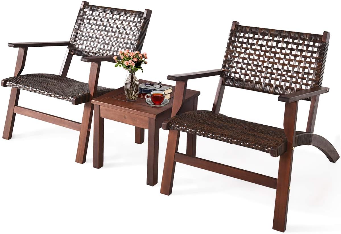 3 PCS Eucalyptus Wood Wicker Patio Conversation Set with Coffee Table G840