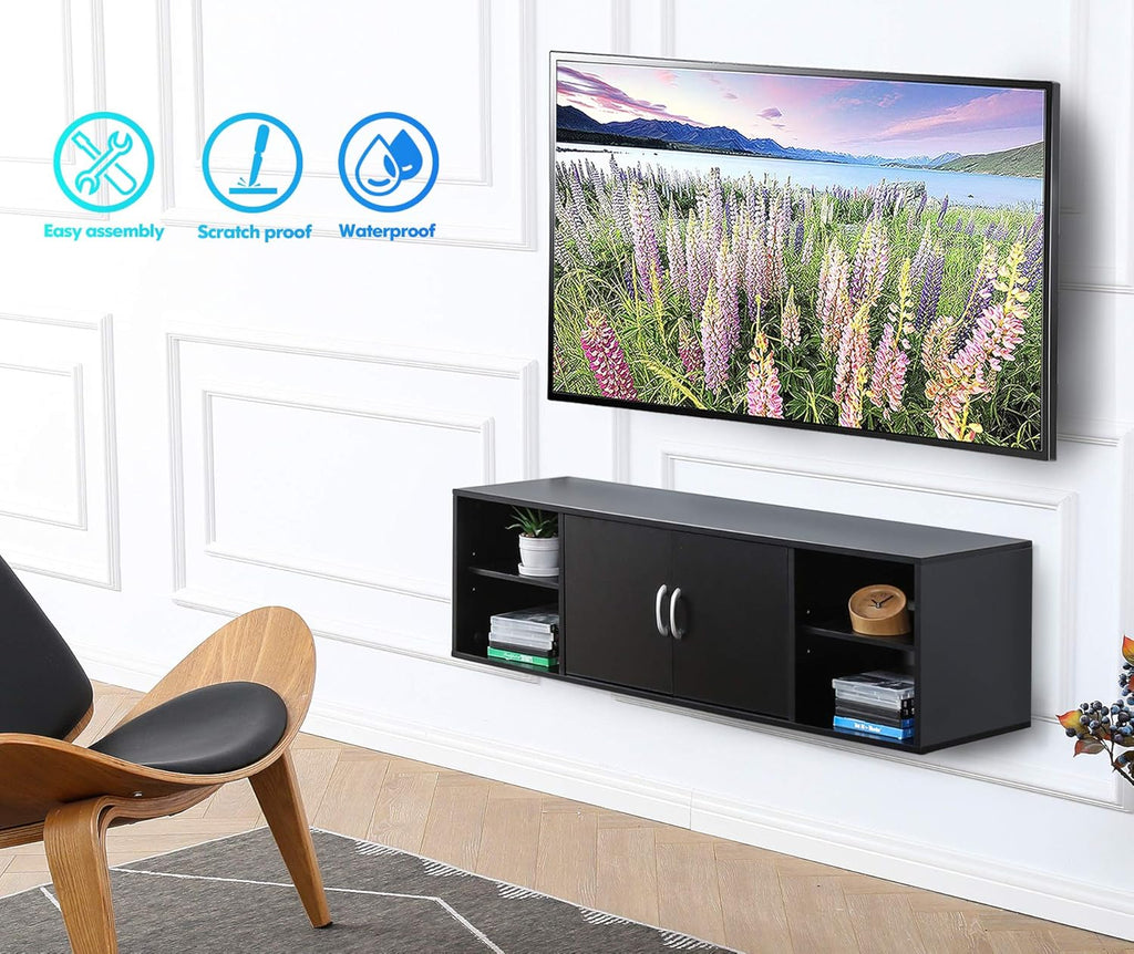 Black Floating TV Stand Wall Mounted Media Console T5686