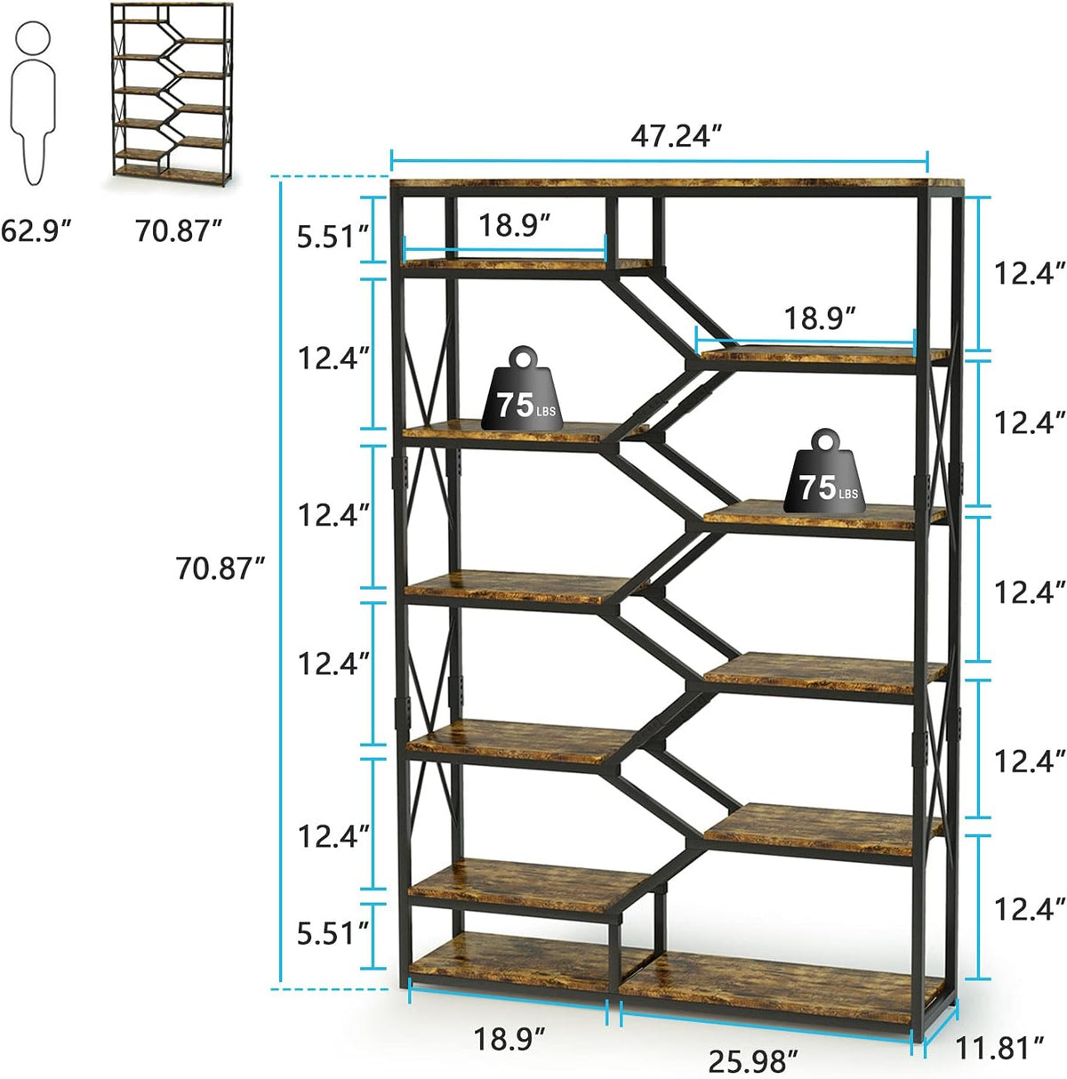 5 Tier 70.87 Tall Metal Frame Bookshelf A244505