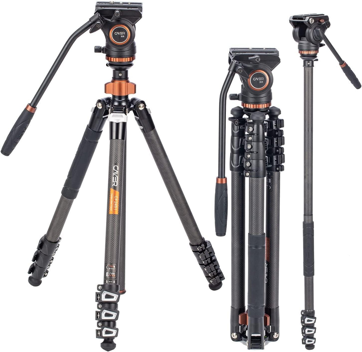67 inches Carbon Fiber 4-Section Video Tripod with Fluid Drag Head O2565
