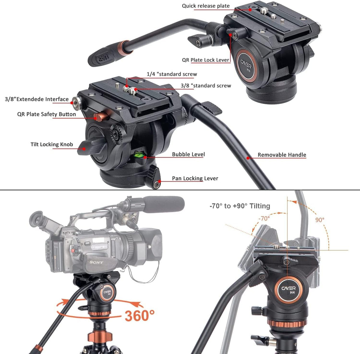 67 inches Carbon Fiber 4-Section Video Tripod with Fluid Drag Head O2565