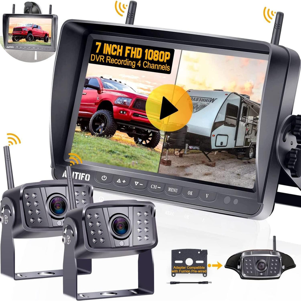Wireless Backup Camera HD 1080P Dual Rear View Cameras System with 7 Inch DVR Monitor D8395