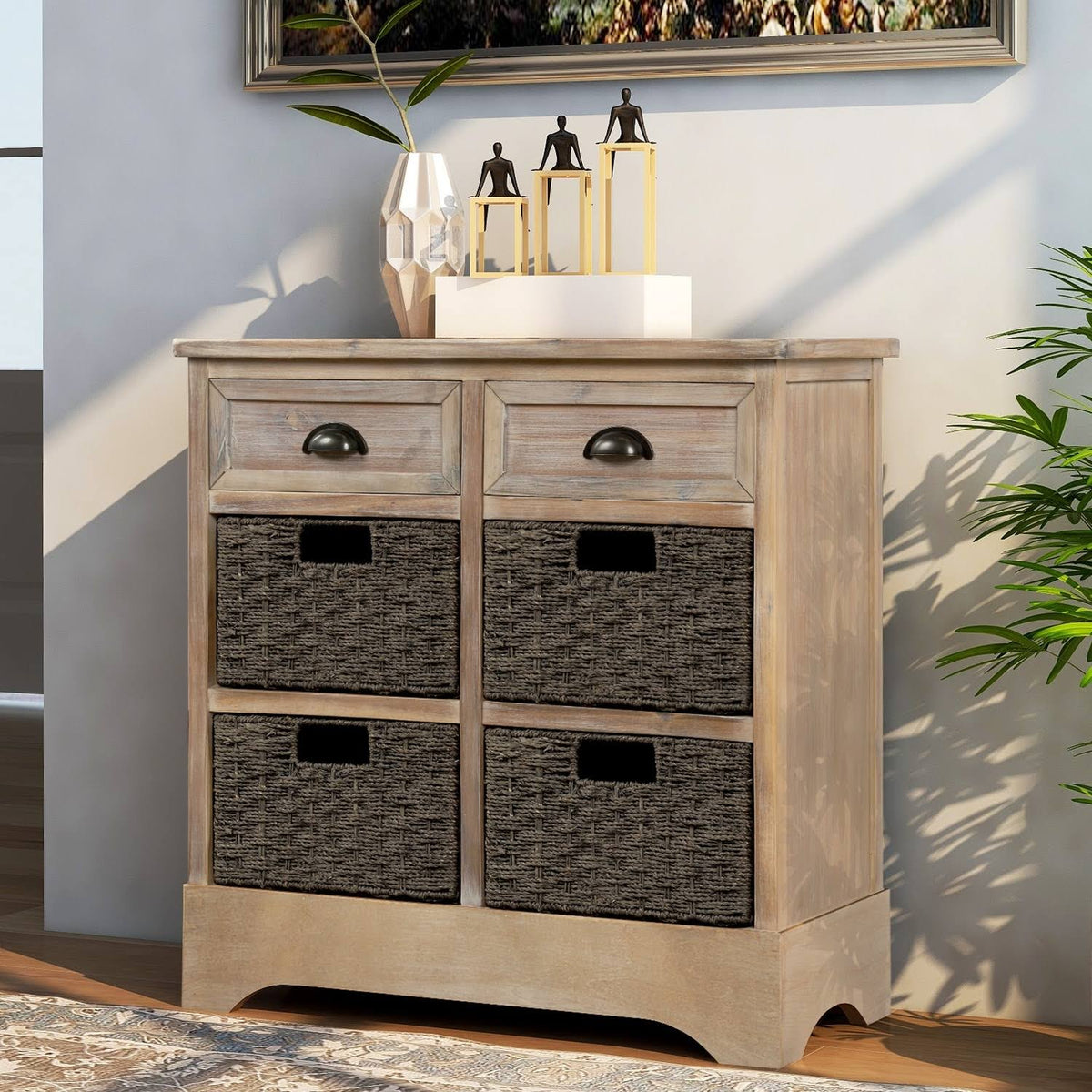 Rustic Storage Cabinet with 2 Drawers and 4 Fabric Basket J8062