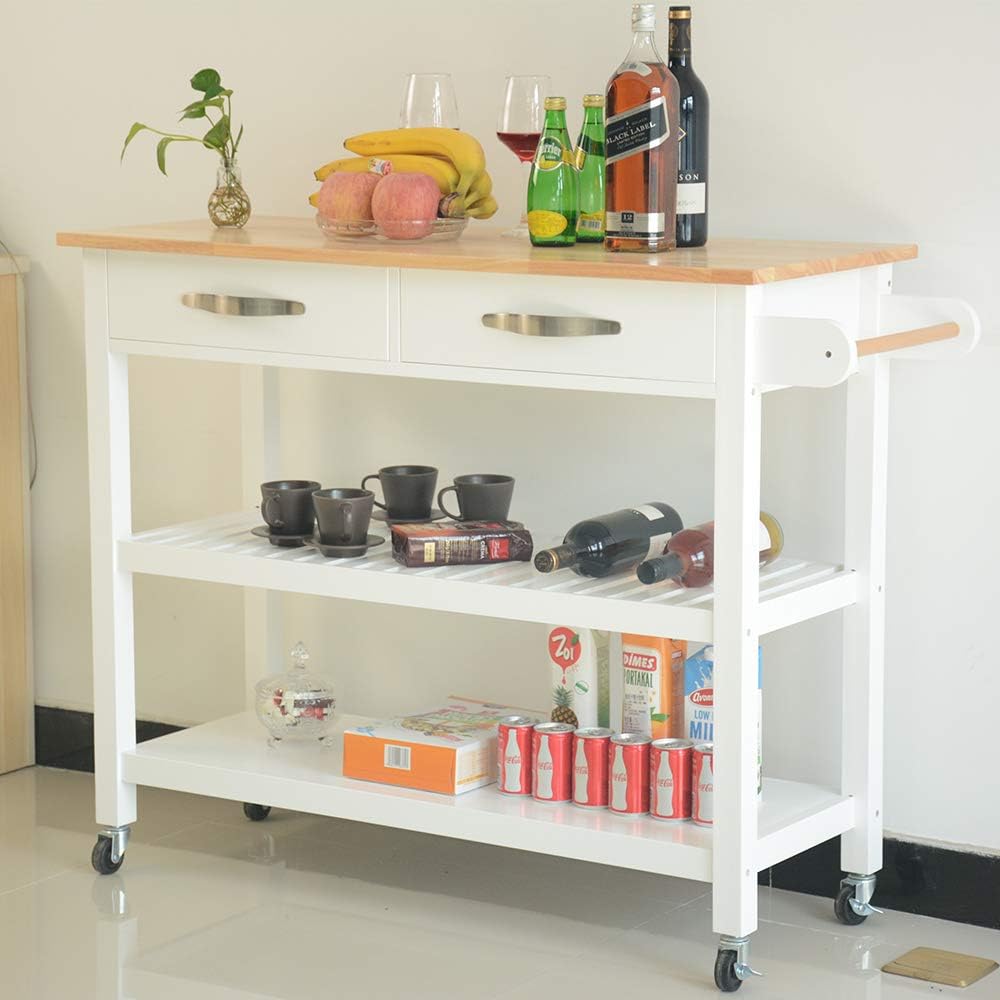 Rolling Wood Kitchen Cart with 2 Drawers and 2 Shelves O398