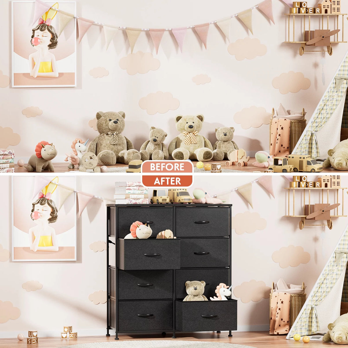 5 Drawer Fabric Dresser with Wood Top V822