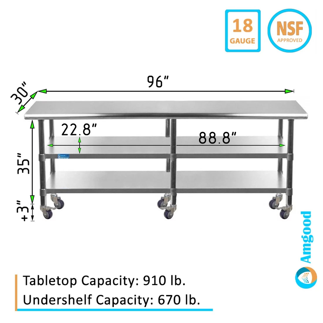 96" x 30" Stainless Steel Work Table with 2 Shelves Z532