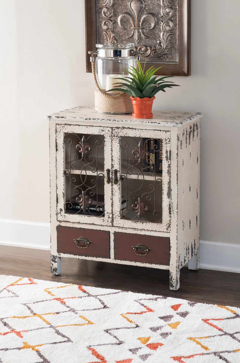 Distressed White 2-Door 2-Drawer Wood and Iron Console Table J212670