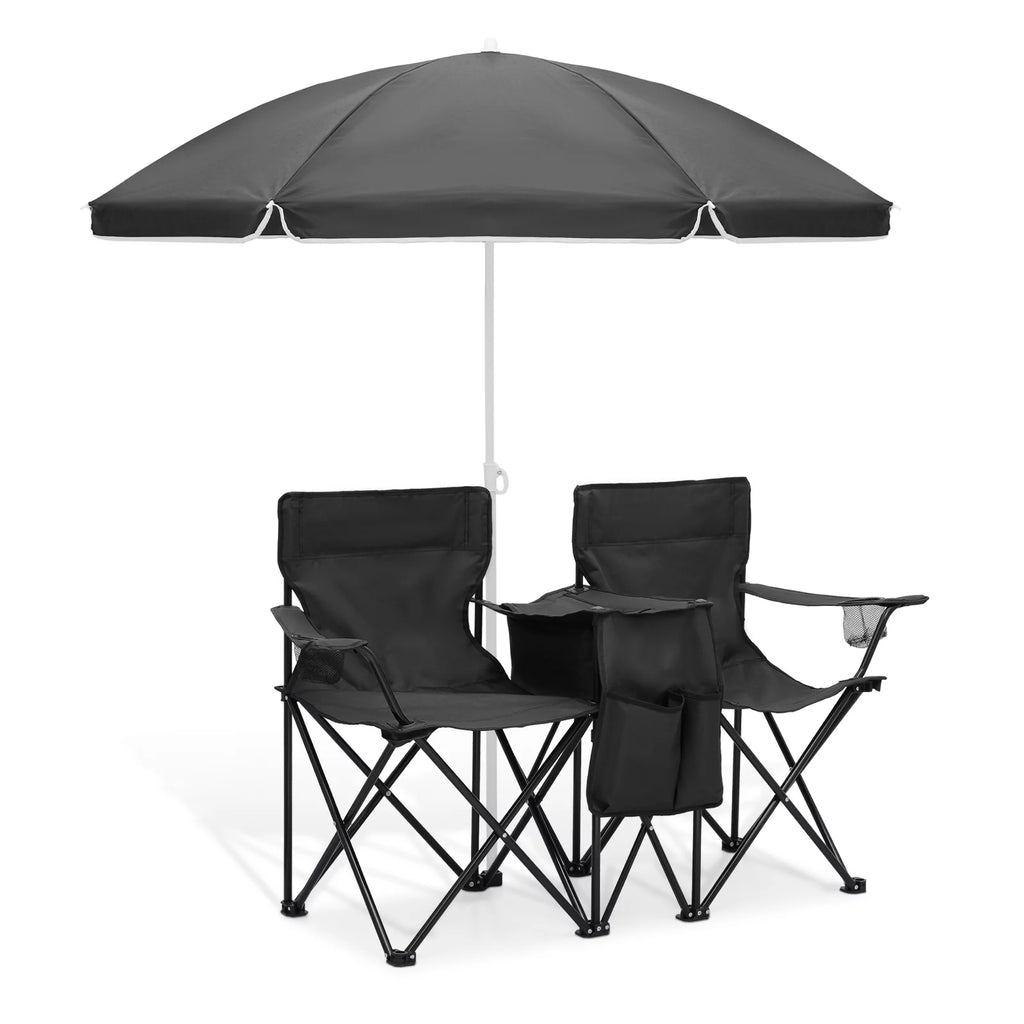 Portable Double Folding Chair with Umbrella, Cooler Bag & Carry Bag, Black U41198