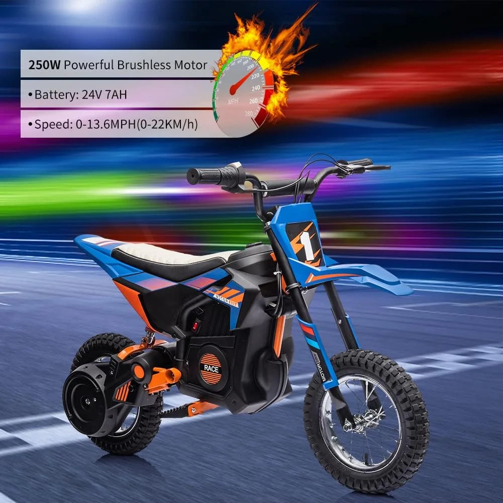 24V Electric Off-Road Motorcycle 250W Motor 13.6MPH Fast Speed Motocross Leather Seat Dirt Bike Twist Grip Throttle Metal Suspension Air-Filled Tires for Kids Teens Age 13+ Blue S78307