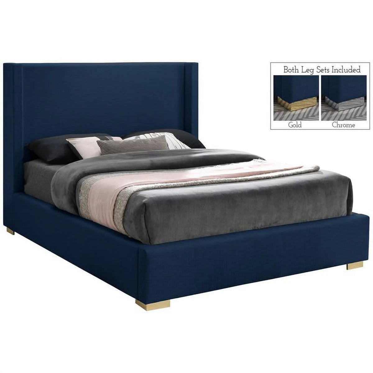Navy Linen Textured Fabric King Bed Y697669