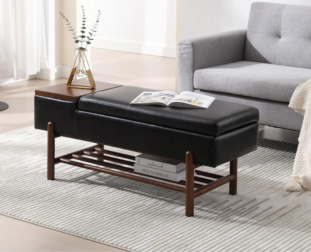 Black Leather Storage Bench with Shoe Rack F4308