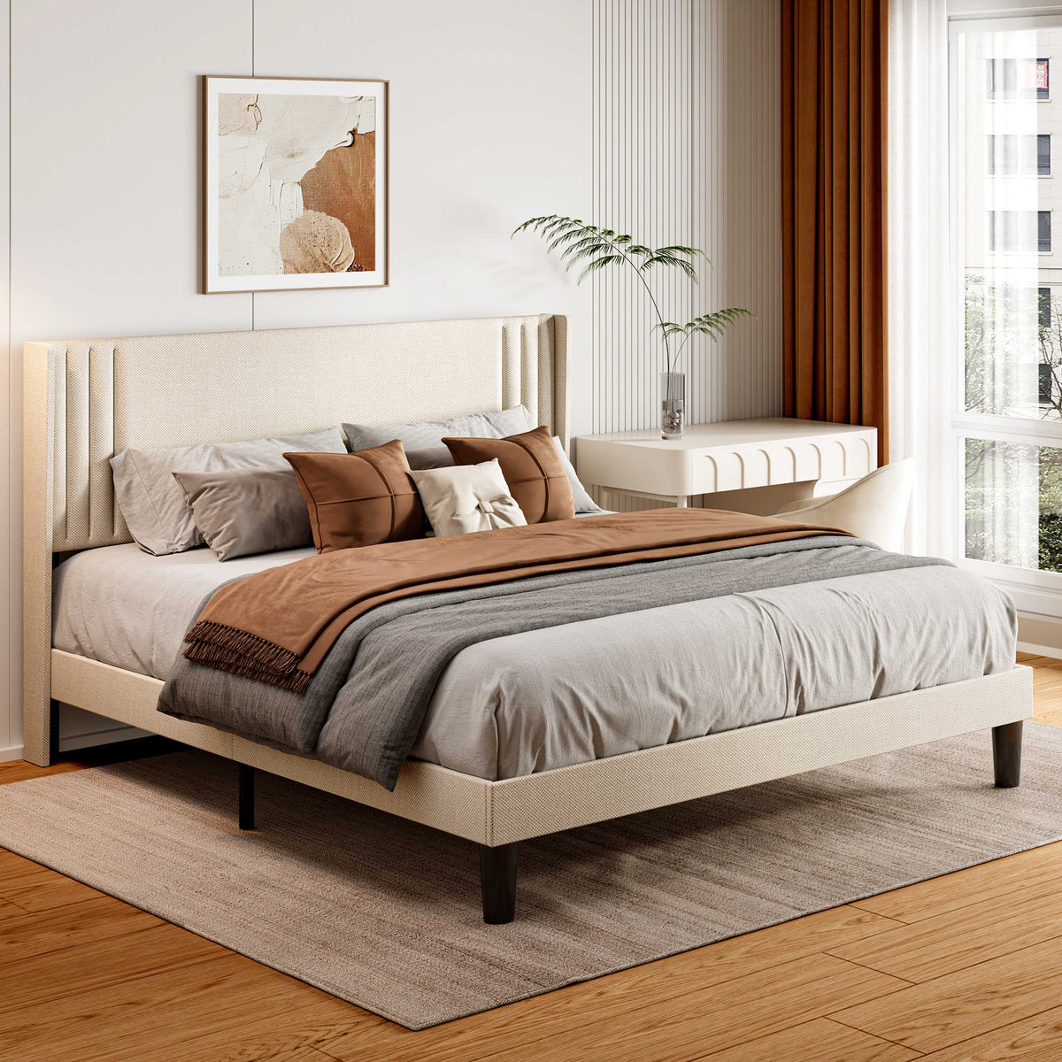 Queen Size Bed Frame with Wingback Headboard Q656