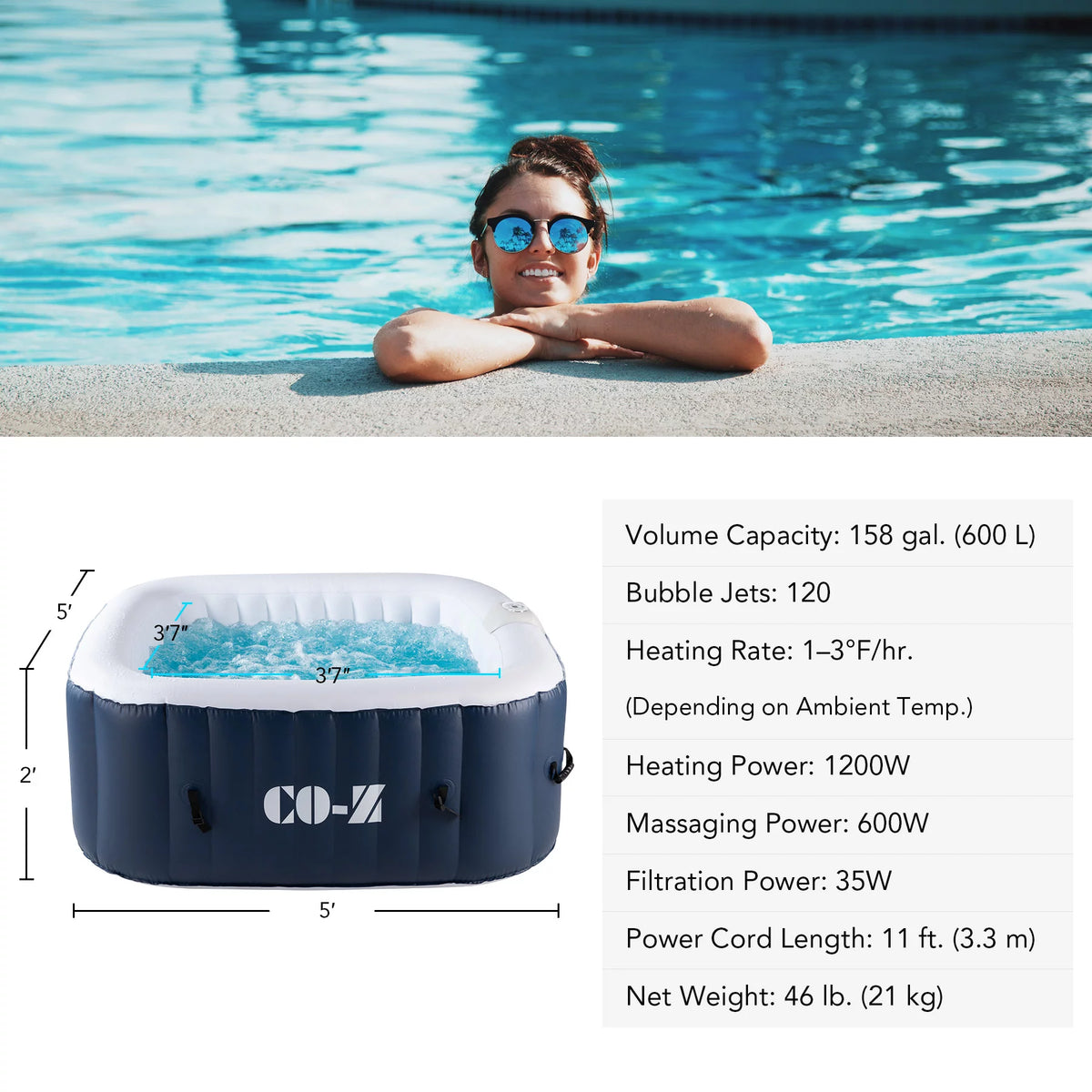 5x5ft Square Inflatable Spa Tub with 120 Massaging Jets R371