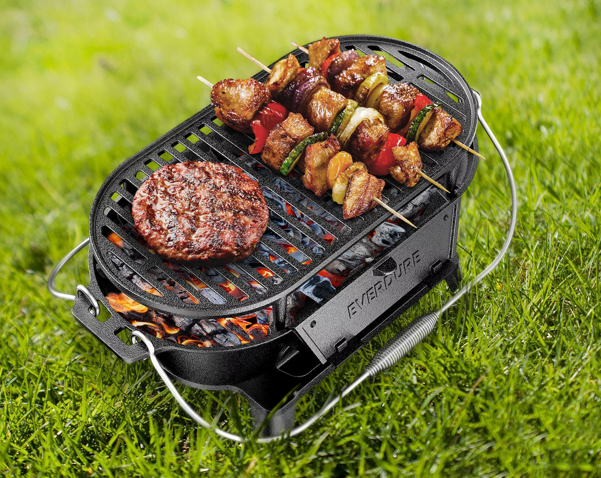 Cast Iron Portable Charcoal Grill with Cover J701