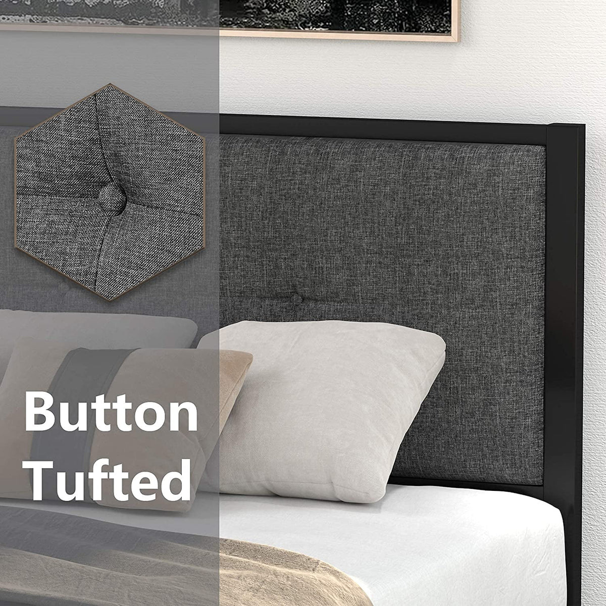 Twin Metal Platform Bed with Fabric Tufted Headboard and Under-Bed Storage M152