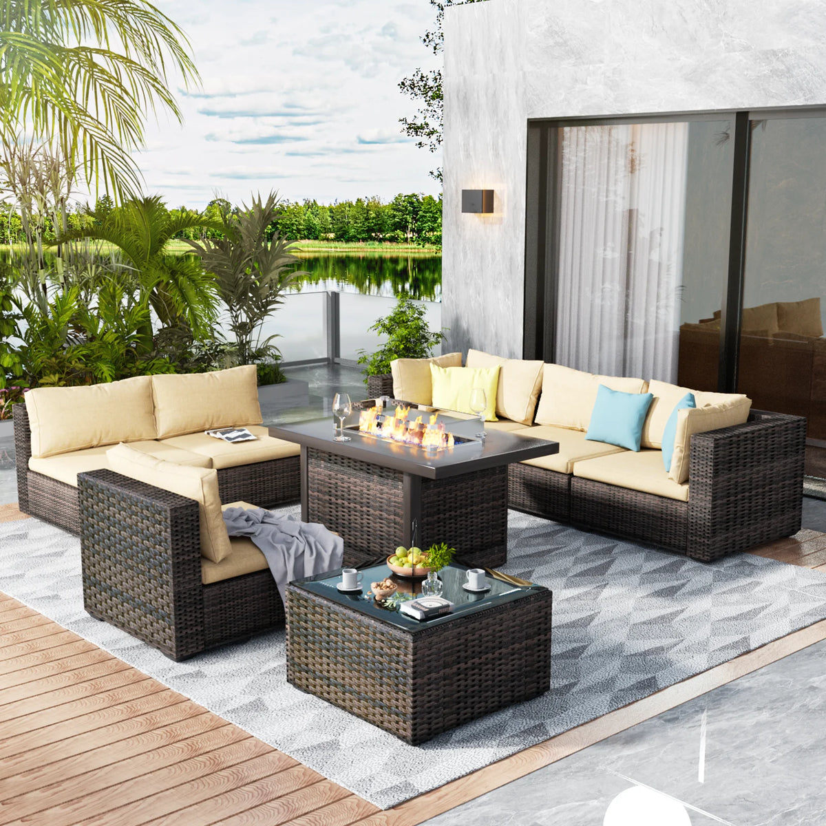 8 Pieces All Weather Wicker Sectional Sofa with Black-Glass Table K1017