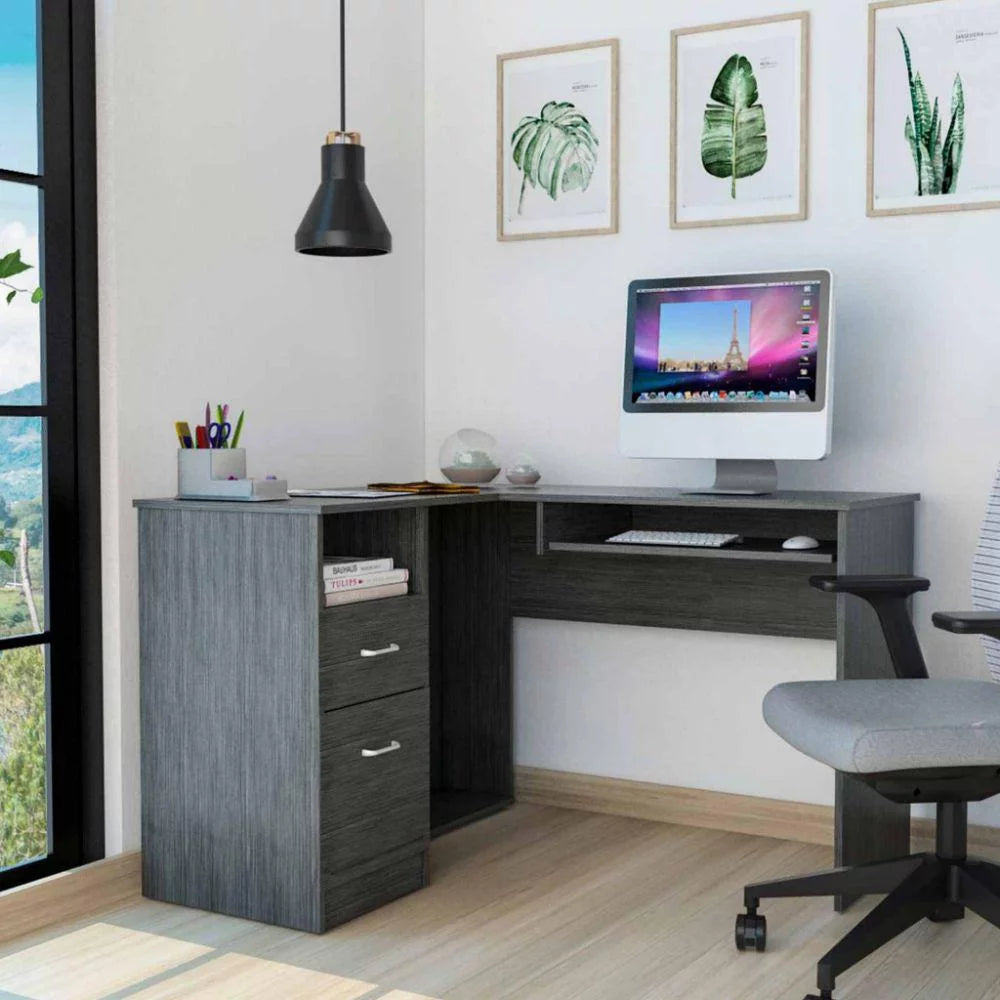 L-Shaped Desk with Keyboard Shelf Smokey Oak Finish Q23171