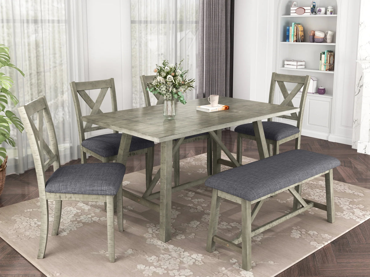 6 Pieces Wooden Rectangular Dining Table Set with Bench and 4 Upholstered Chairs I197593