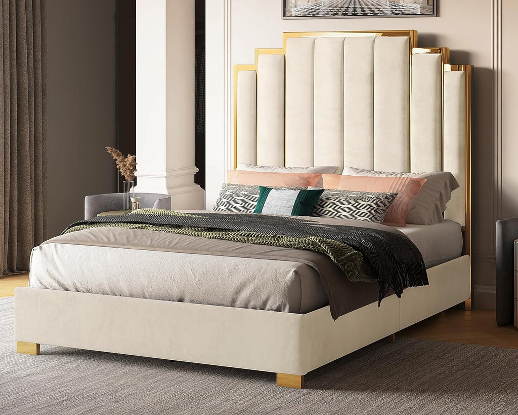 King Size Upholstered Bed Frame and Headboard with Golden Plating Trim K37443