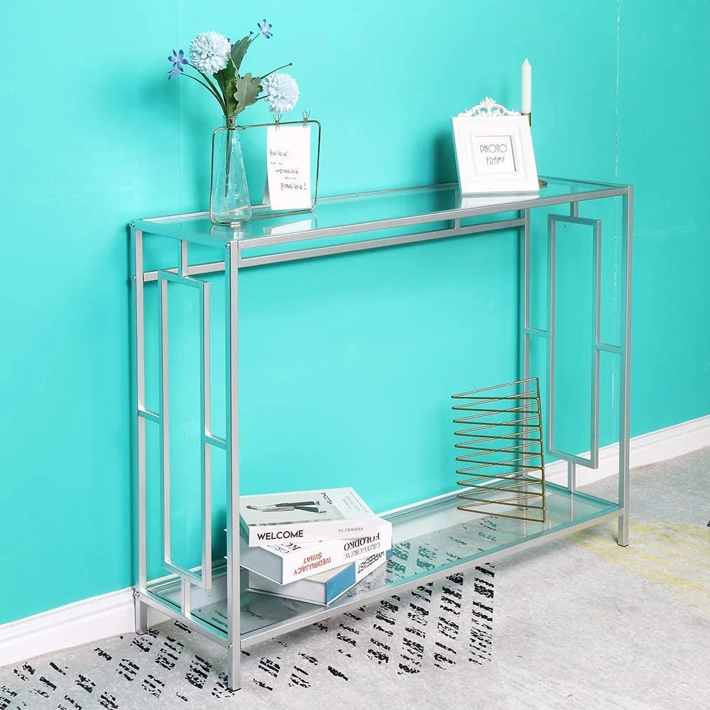 2-Tier Glass Console Table with Tempered Glass Top and Metal Frame H1797