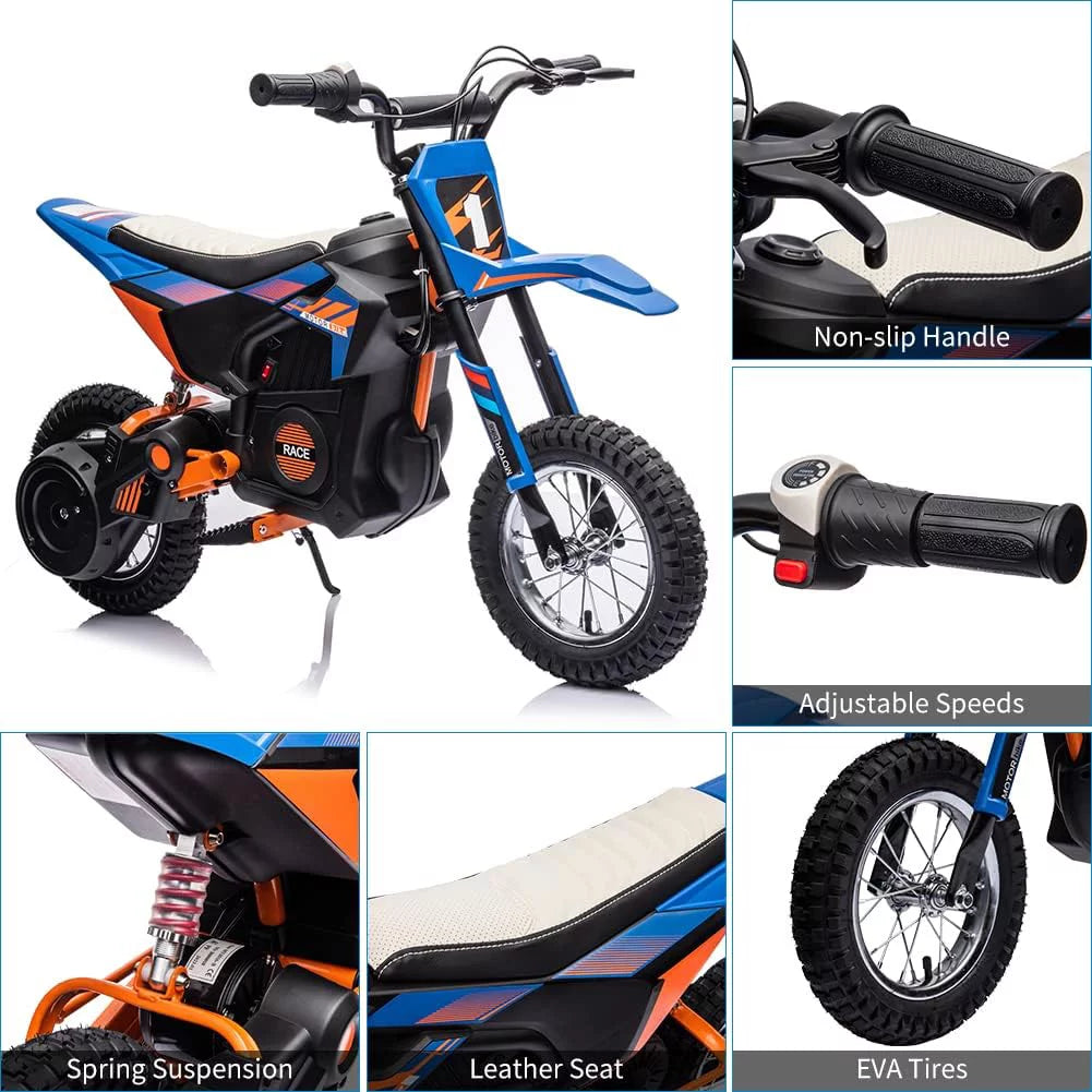 24V Electric Off-Road Motorcycle 250W Motor 13.6MPH Fast Speed Motocross Leather Seat Dirt Bike Twist Grip Throttle Metal Suspension Air-Filled Tires for Kids Teens Age 13+ Blue S78307