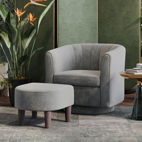 Gray Velvet Swivel Accent Chair with Ottoman D97839