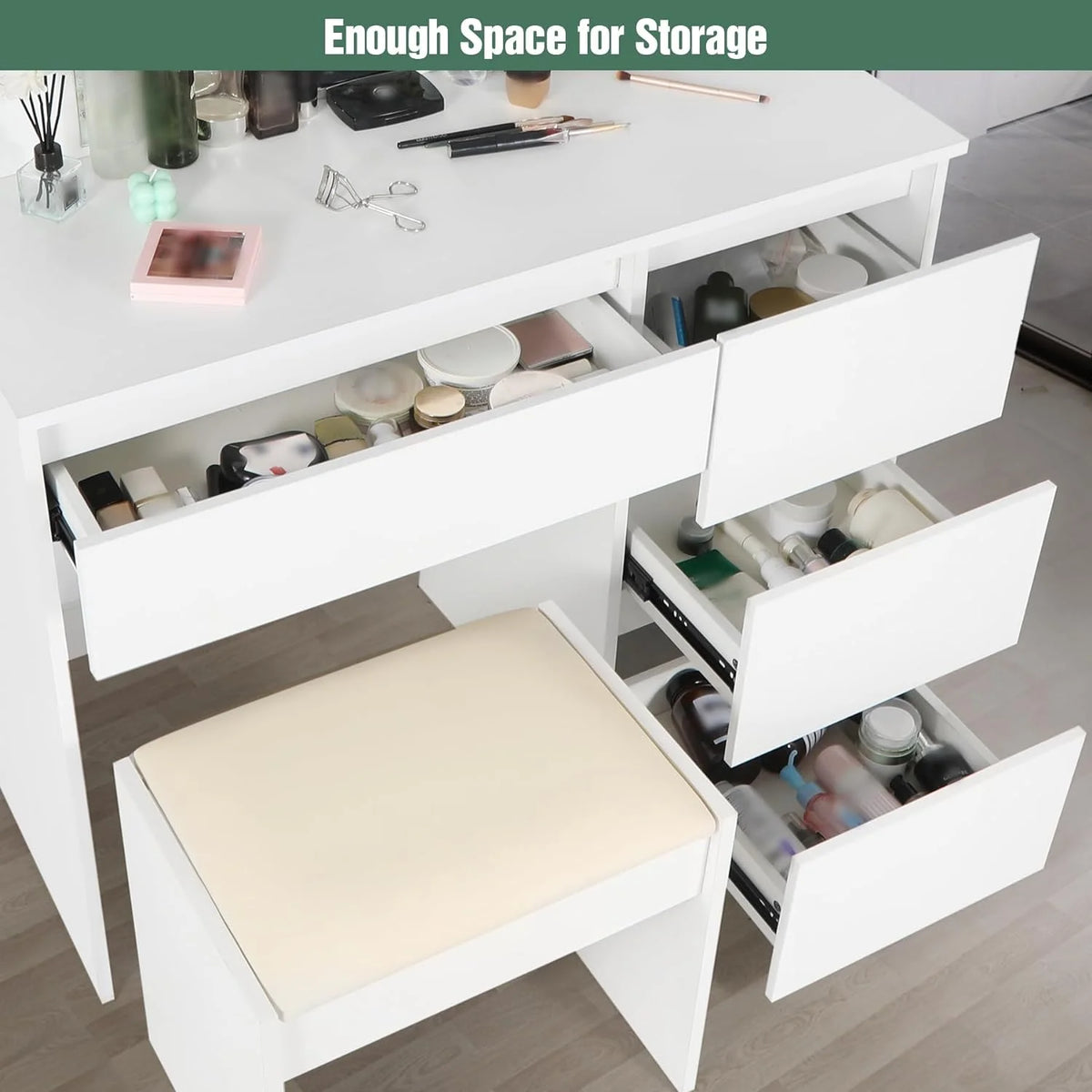 White Makeup Vanity Set with Lights, 4 Drawers and Cushioned Stool T300834