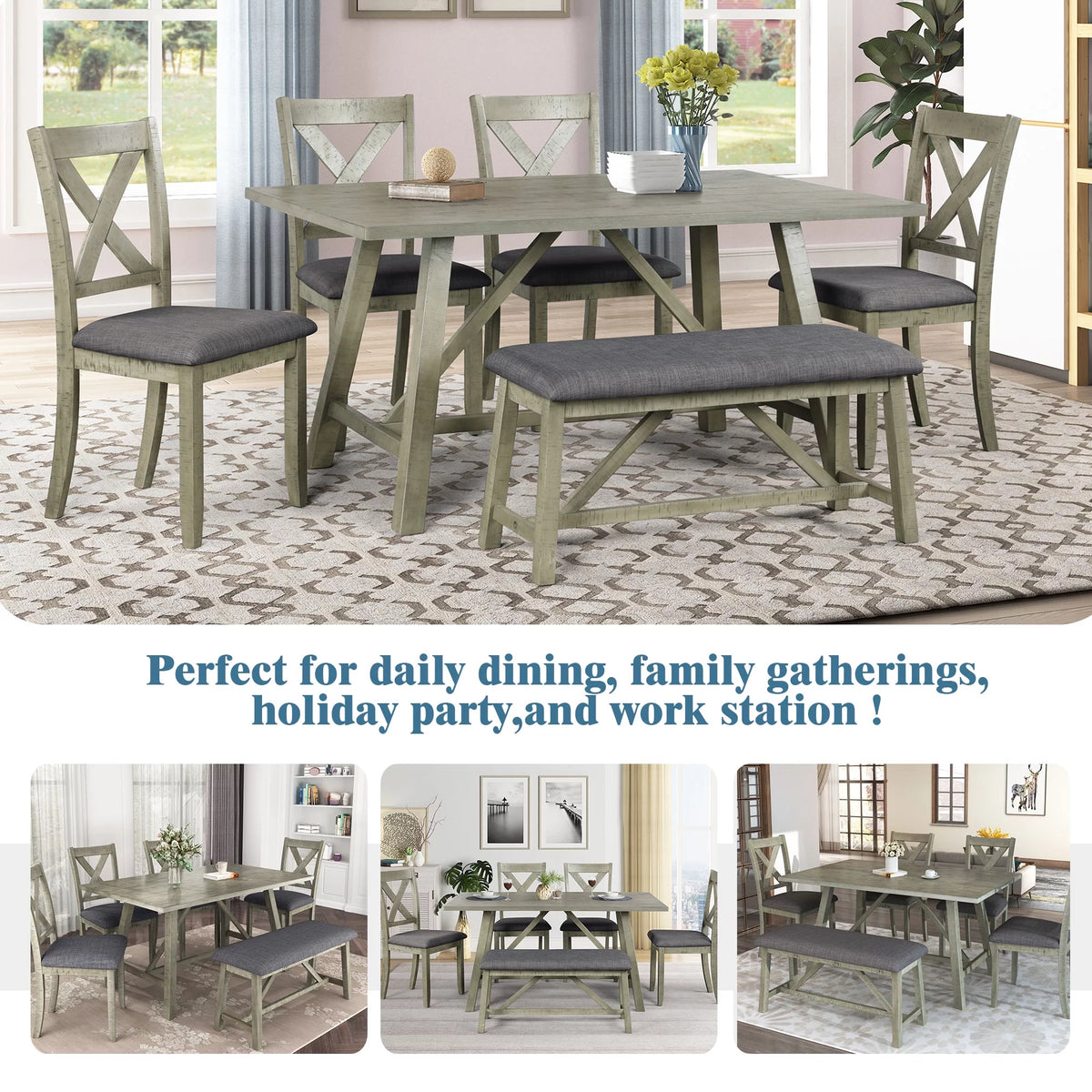 6 Pieces Wooden Rectangular Dining Table Set with Bench and 4 Upholstered Chairs I197593