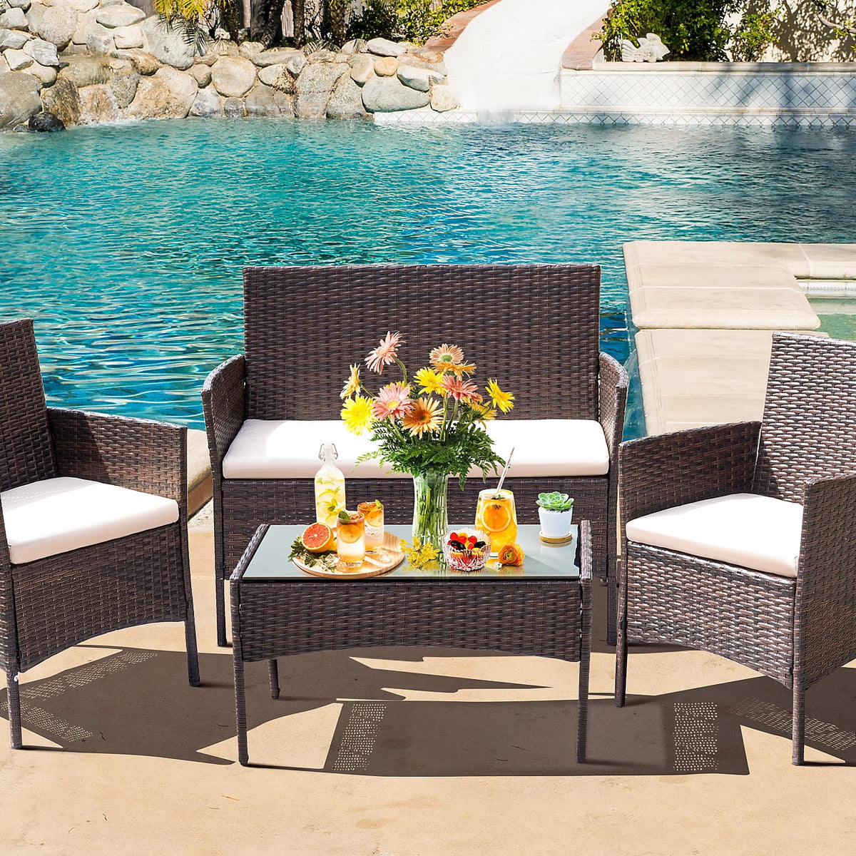 Brown PE Rattan Wicker 4 Pieces Patio Furniture Set with Cushion L529127