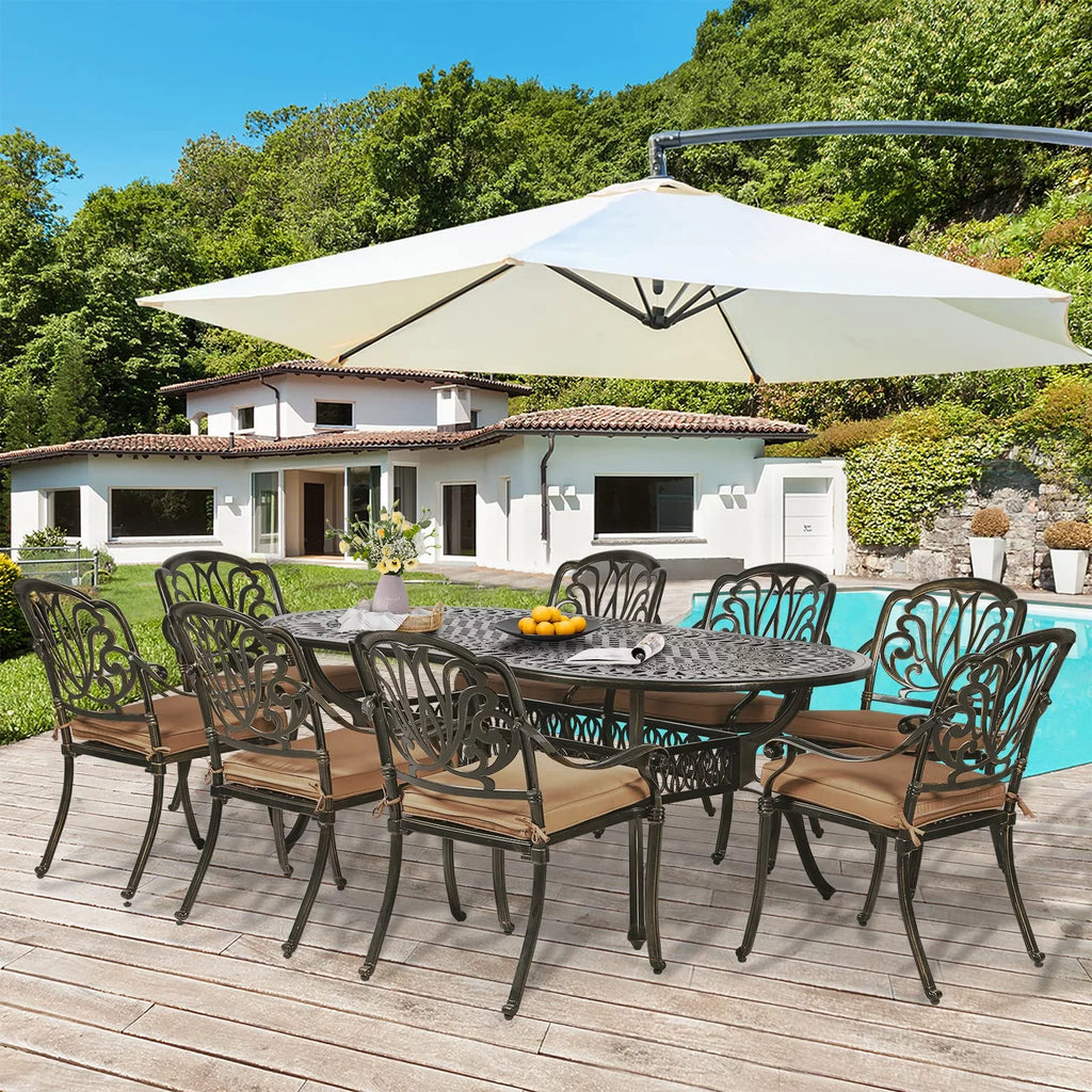 9-Piece Cast Aluminum Patio Dining Set with Umbrella Hole F4651