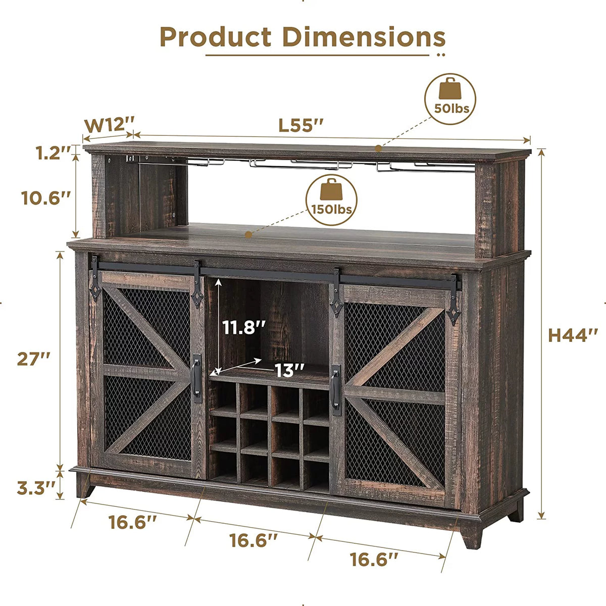 55" Double Barn Door Buffet Sideboard with Adjustable Shelves X188