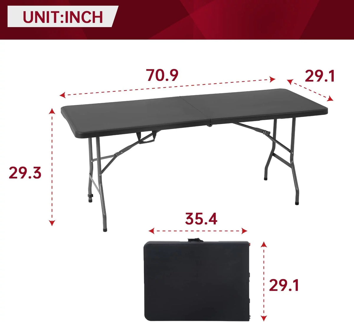 Black 6ft Plastic Folding Table with Carrying Handle K1050