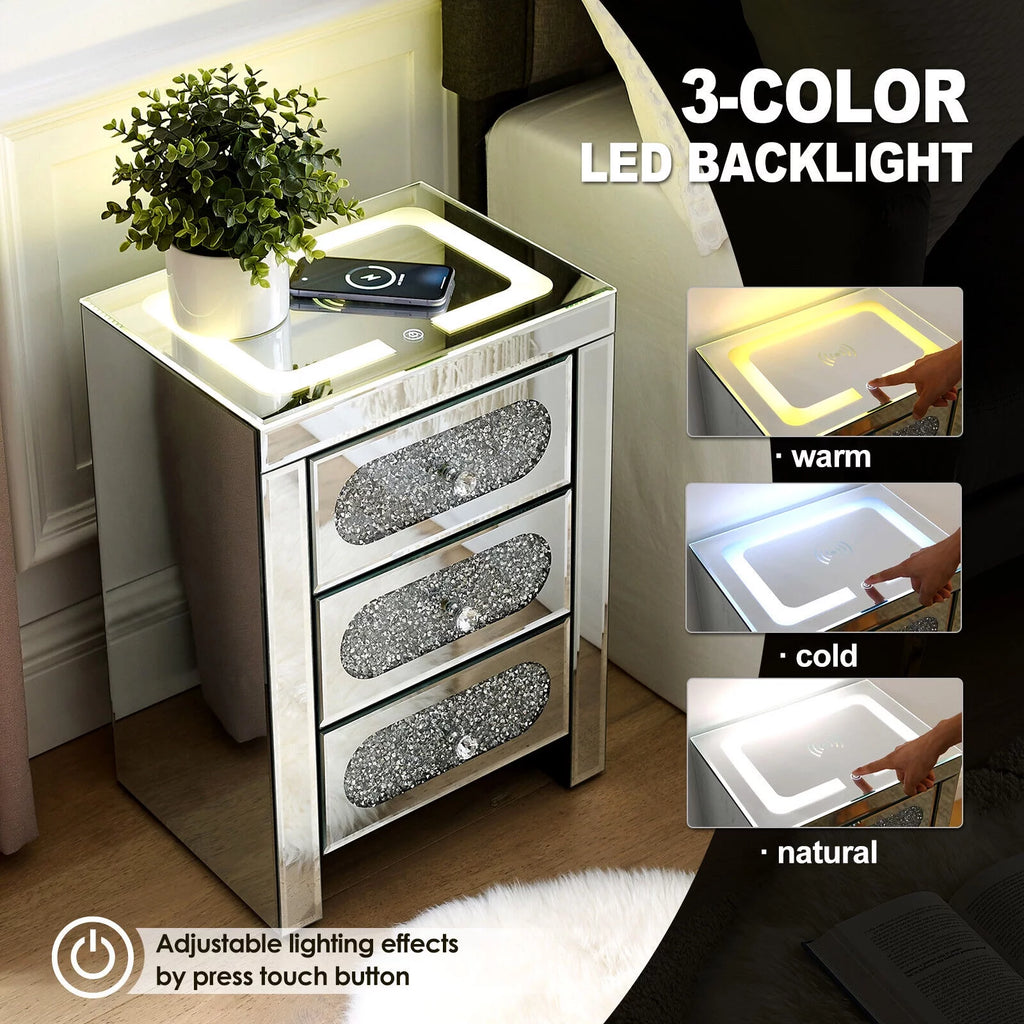 3 Drawer Mirrored Nightstand with Wireless Charging Station I112