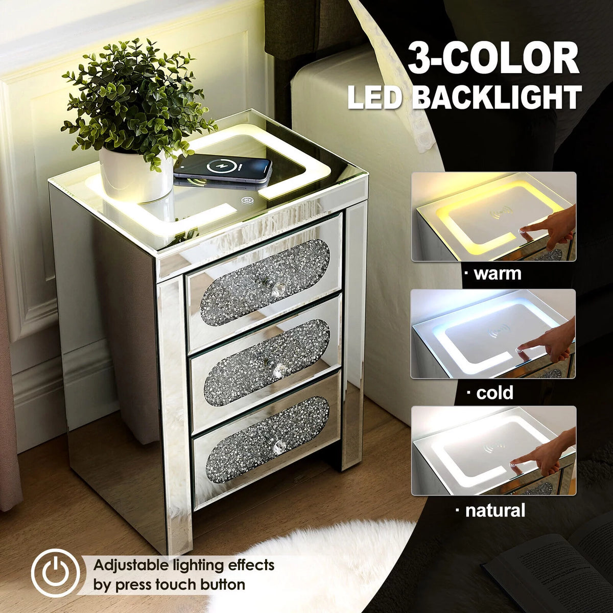 3 Drawer Mirrored Nightstand with Wireless Charging Station I112