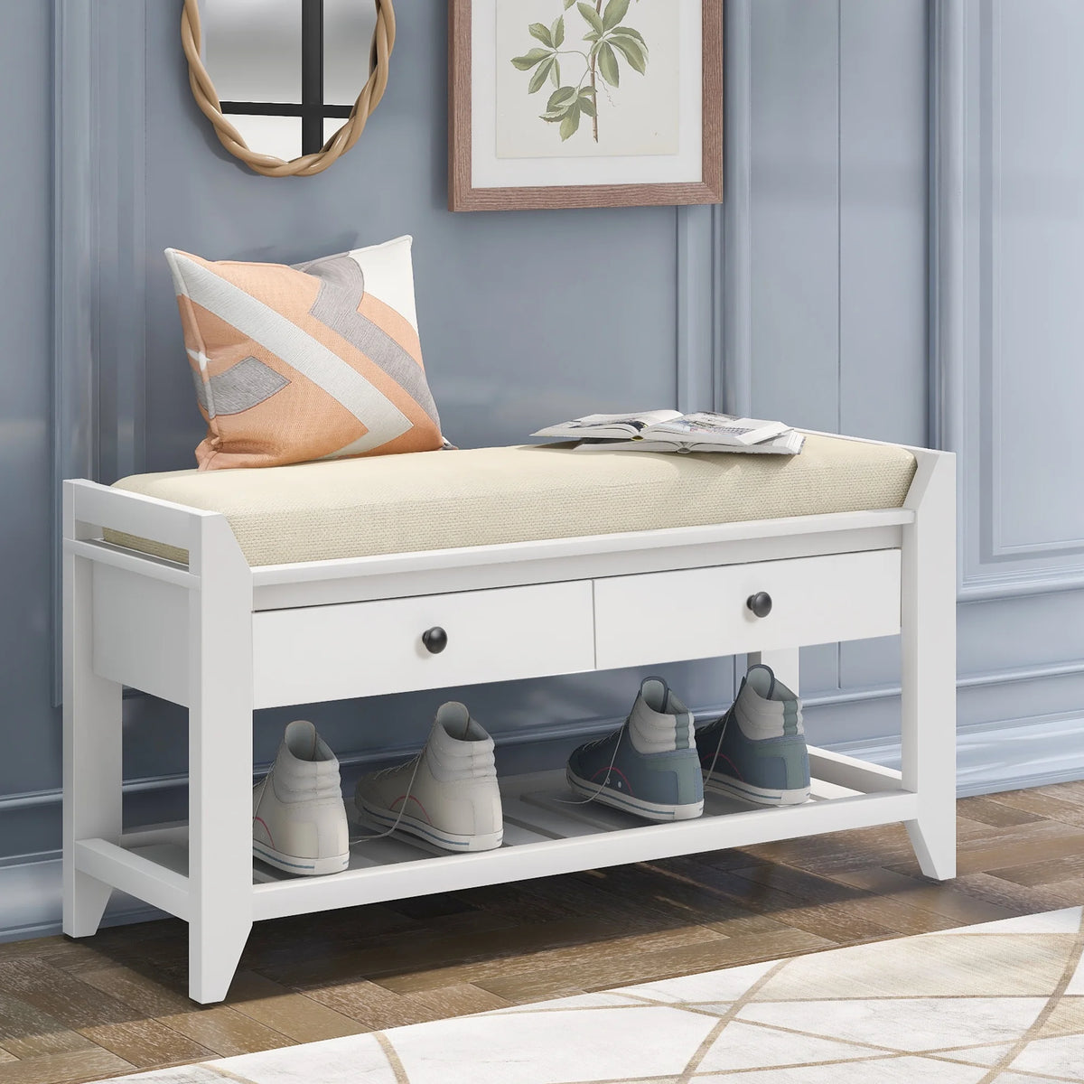 White Shoe Rack with Cushioned Seat and Drawers R30156