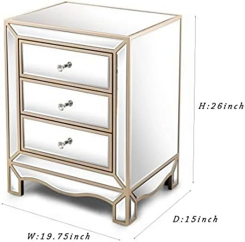 Mirrored Nightstand Bedside Table 3-Drawer Accent End Tables D3805