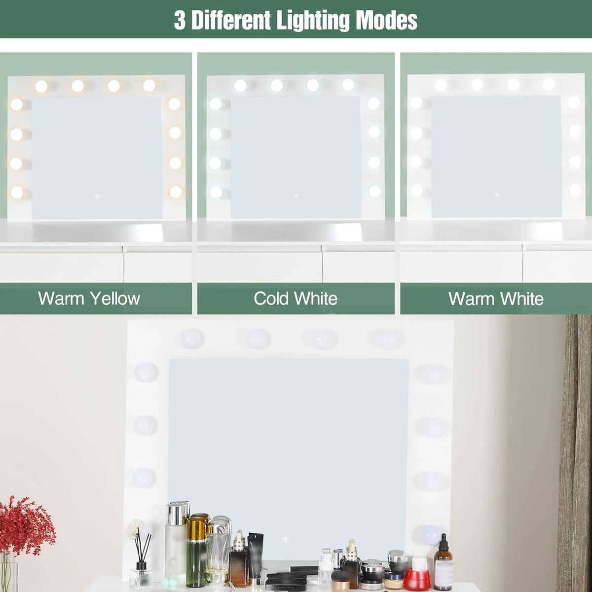 White Makeup Vanity Set with Lights, 4 Drawers and Cushioned Stool T300834