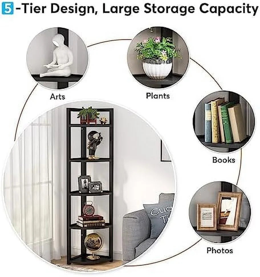 6 Tier 70.9 Inch Tall Corner Bookshelf Black D3480